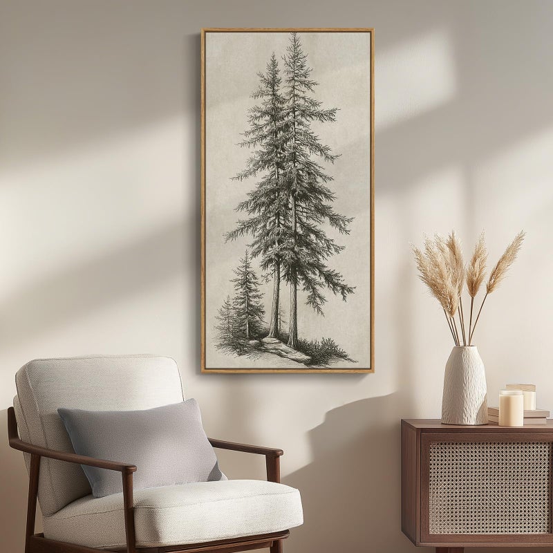 Cuspin Framed Vertical Vintage Sketch Tree Living Room Wall Art, Large Black Beige Rustic Pine Artwork for Walls, Classic Antique Nature Forest Canvas Painting Print for Office Kitchen Foyer Stair 20x40 Inch - Image 2
