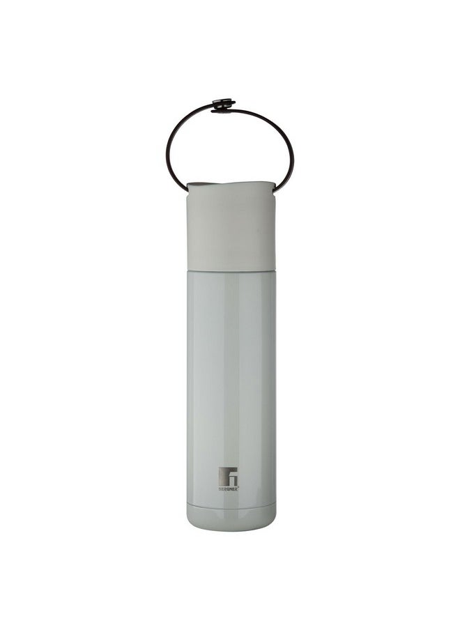 BERGNER - Bergner Walking 500 ml Thermo Steel Bottle/Flask, Hot/Cold, Vacuum Insulated, For Water/Coffee/Tea/Soup/Juice, Use in Office/Commute/Sports/Travel, Press Button Lid, Carry Strap, Steel Grey, Rust/Leak Proof - Image 1