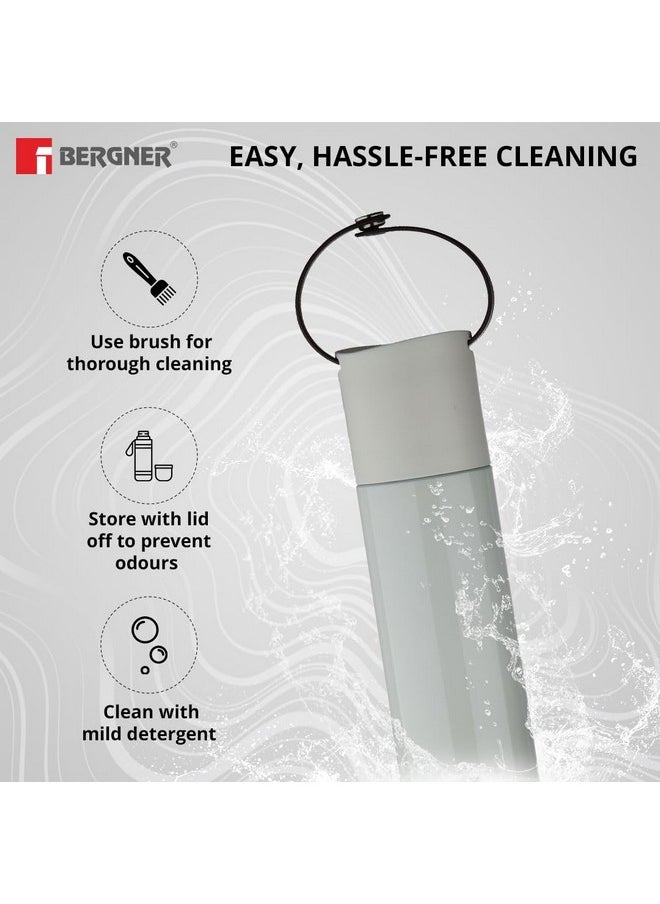 BERGNER - Bergner Walking 500 ml Thermo Steel Bottle/Flask, Hot/Cold, Vacuum Insulated, For Water/Coffee/Tea/Soup/Juice, Use in Office/Commute/Sports/Travel, Press Button Lid, Carry Strap, Steel Grey, Rust/Leak Proof - Image 1