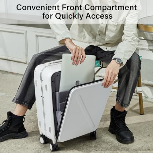 MILADA Wide Handle Carry On Luggage with Front Pocket Hardshell 20 Inch Front Opening Luggage with Spinner Wheels TSA Lock Aluminium Suitcase Airline Approved Carry-On Travel Luggage, White - Image 2