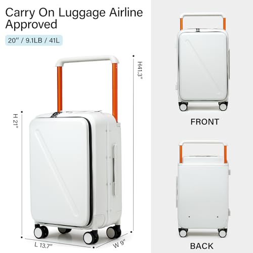 MILADA Wide Handle Carry On Luggage with Front Pocket Hardshell 20 Inch Front Opening Luggage with Spinner Wheels TSA Lock Aluminium Suitcase Airline Approved Carry-On Travel Luggage, White - Image 3