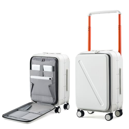MILADA Wide Handle Carry On Luggage with Front Pocket Hardshell 20 Inch Front Opening Luggage with Spinner Wheels TSA Lock Aluminium Suitcase Airline Approved Carry-On Travel Luggage, White - Image 1