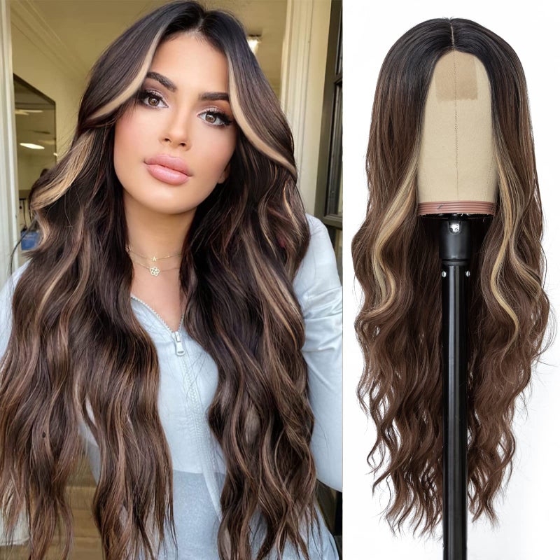 NAYOO Long Brown Mixed Blonde Wavy Wig for Women 26 Inch Middle Part Curly Wavy Wig Natural Looking Synthetic Heat Resistant Fiber Wig for Daily Party Use (Brown Mixed Blonde) - Image 1