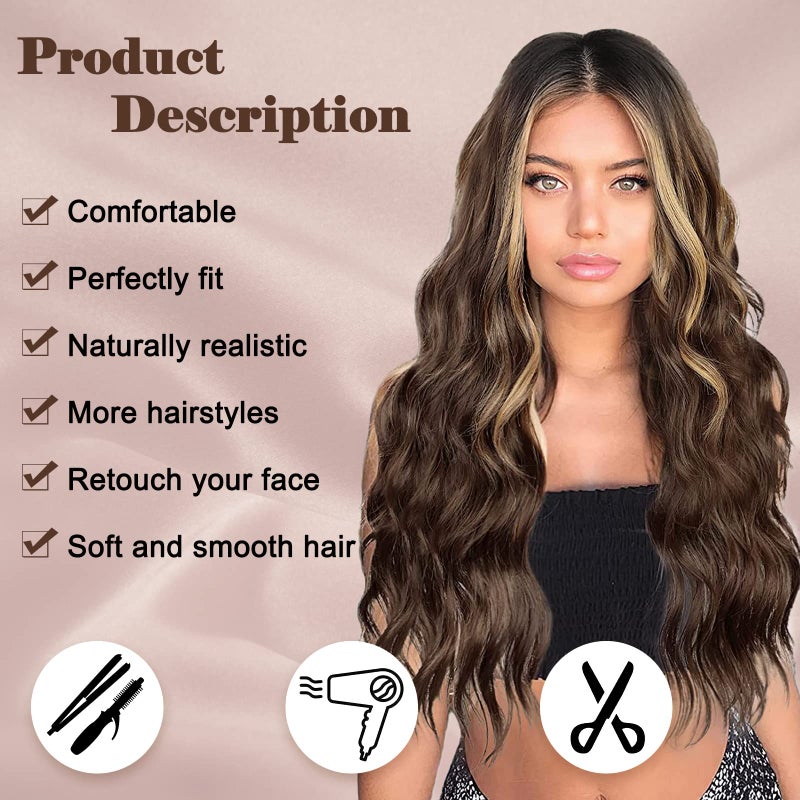 NAYOO Long Brown Mixed Blonde Wavy Wig for Women 26 Inch Middle Part Curly Wavy Wig Natural Looking Synthetic Heat Resistant Fiber Wig for Daily Party Use (Brown Mixed Blonde) - Image 2