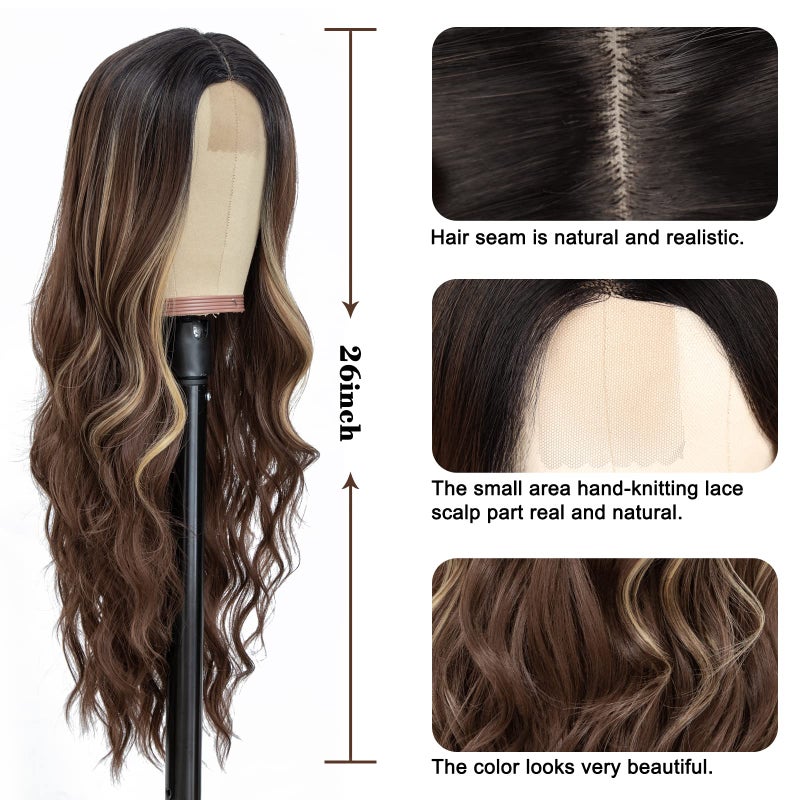 NAYOO Long Brown Mixed Blonde Wavy Wig for Women 26 Inch Middle Part Curly Wavy Wig Natural Looking Synthetic Heat Resistant Fiber Wig for Daily Party Use (Brown Mixed Blonde) - Image 4