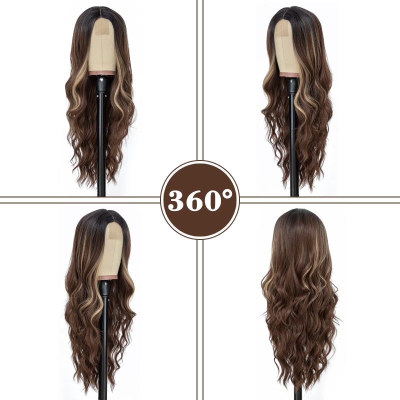 NAYOO Long Brown Mixed Blonde Wavy Wig for Women 26 Inch Middle Part Curly Wavy Wig Natural Looking Synthetic Heat Resistant Fiber Wig for Daily Party Use (Brown Mixed Blonde) - Image 3
