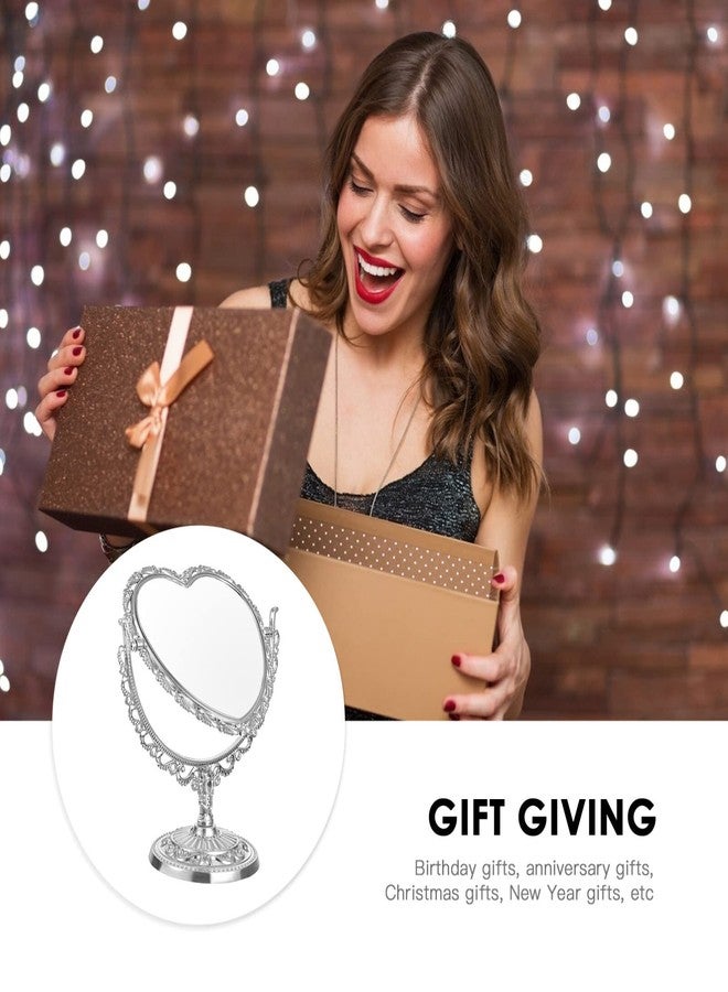 DOITOOL Heart Shaped Cosmetic Mirror Simple and Lovely Aesthetic Magnifying Mirror, Rotatable Double Sided Dresser Vintage Desktop Makeup Vanity for Desk (Sliver) - Image 5