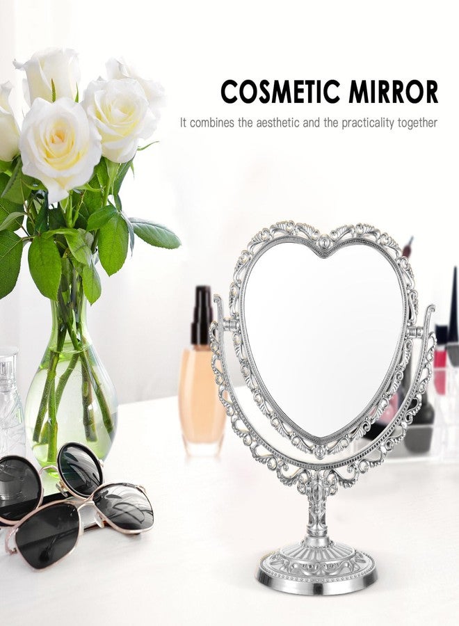 DOITOOL Heart Shaped Cosmetic Mirror Simple and Lovely Aesthetic Magnifying Mirror, Rotatable Double Sided Dresser Vintage Desktop Makeup Vanity for Desk (Sliver) - Image 4