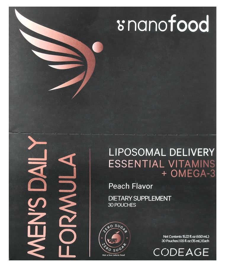 Codeage Nanofood Men's Daily Formula Liposomal Delivery Essential Vitamins + Omega-3 Peach 30 Pouches 0.5 fl oz (15 ml) Each