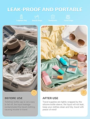 MERDTTES 12 Pack Silicone Bottle Covers, Travel Essentials for Women Men, Elastic Sleeves for Leak Proofing, Beach Vacation Essentials, Cruise Essentials 2026, Colorful Airplane Travels Accessories - Image 3