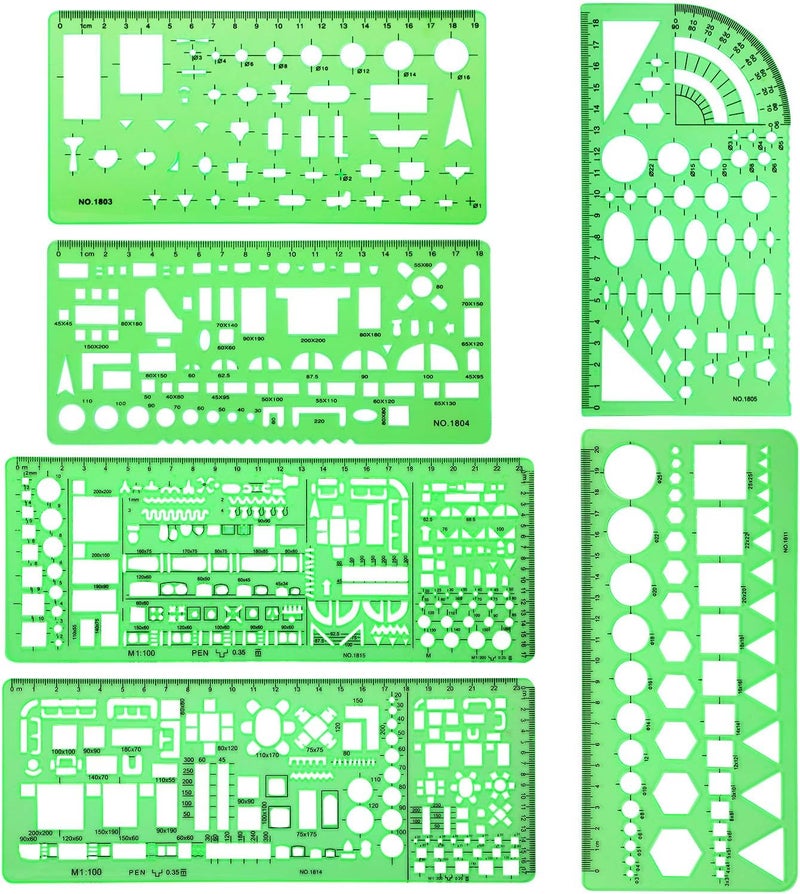 Shappy 6 Pieces Plastic Measuring Templates Building Formwork Stencils Geometric Drawing Rulers for Office and School Clear Green - Image 1