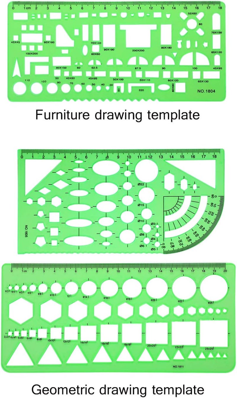 Shappy 6 Pieces Plastic Measuring Templates Building Formwork Stencils Geometric Drawing Rulers for Office and School Clear Green - Image 3