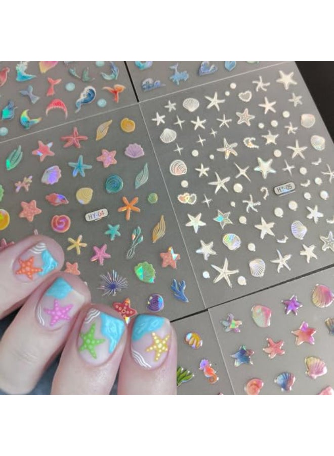 OSTTMA 12Sheets Summer Nail Art Stickers Shell Starfish Nail Stickers Cute Jellyfish Mermaid Nail Art Design 3D Self Adhesive Marine Life Nail Decals Summer Sea Theme Nail Supplies for Women Manicure Decor - Image 3