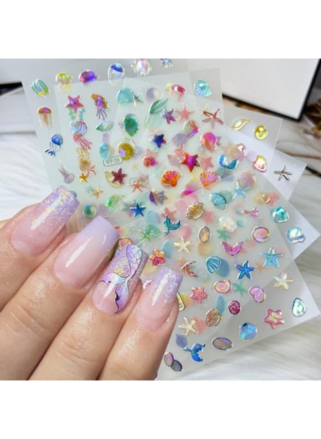 OSTTMA 12Sheets Summer Nail Art Stickers Shell Starfish Nail Stickers Cute Jellyfish Mermaid Nail Art Design 3D Self Adhesive Marine Life Nail Decals Summer Sea Theme Nail Supplies for Women Manicure Decor - Image 1
