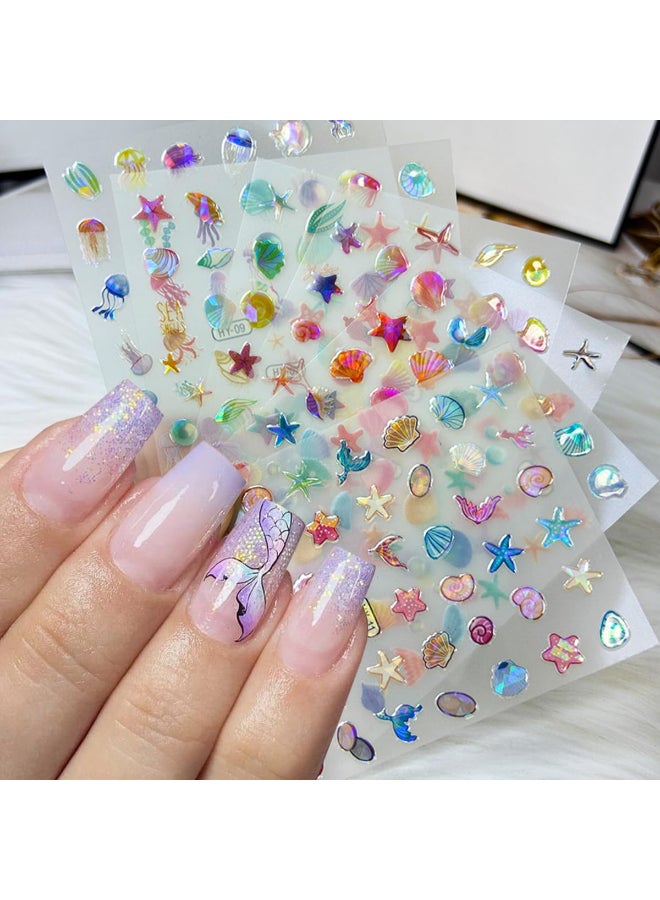 OSTTMA 12Sheets Summer Nail Art Stickers Shell Starfish Nail Stickers Cute Jellyfish Mermaid Nail Art Design 3D Self Adhesive Marine Life Nail Decals Summer Sea Theme Nail Supplies for Women Manicure Decor - Image 2