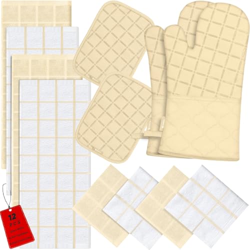 BSKSSK Oven Mitts Pot Holders Sets/Kitchen Towels and Dishcloths, Oven Gloves Kitchen Dish Towels 500 Degree Heat Resistant Potholders with Non-Slip Silicone Surface for Cooking, Grilling, Baking-Beige - Image 1
