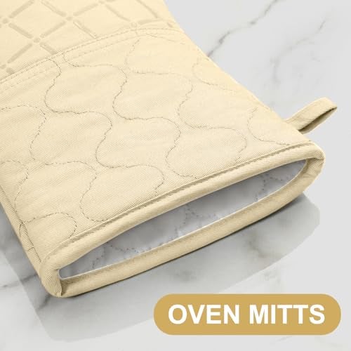 BSKSSK Oven Mitts Pot Holders Sets/Kitchen Towels and Dishcloths, Oven Gloves Kitchen Dish Towels 500 Degree Heat Resistant Potholders with Non-Slip Silicone Surface for Cooking, Grilling, Baking-Beige - Image 3