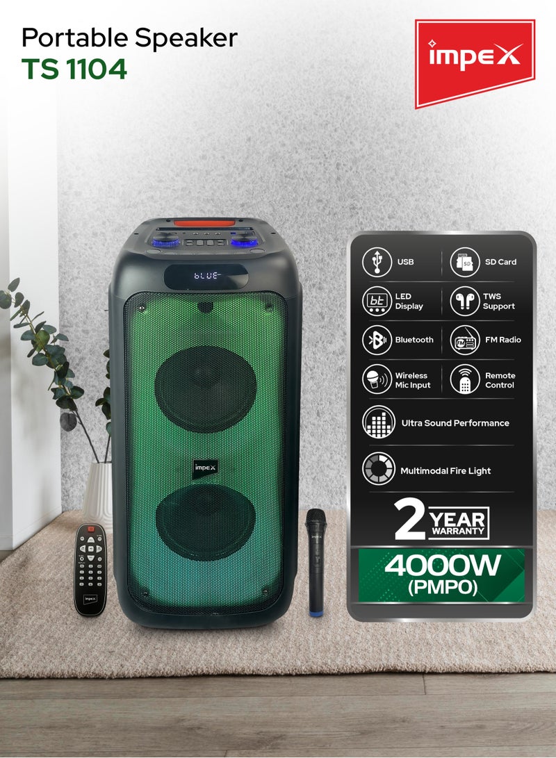Impex Party Speaker With Wireless Mic 4000W(PMPO)Powerful Sound, Built-in DJ Lights, LED Display, Bluetooth/FM/USB/TWS Functions, Rechargeable Battery TS 1104 Black - Image 2