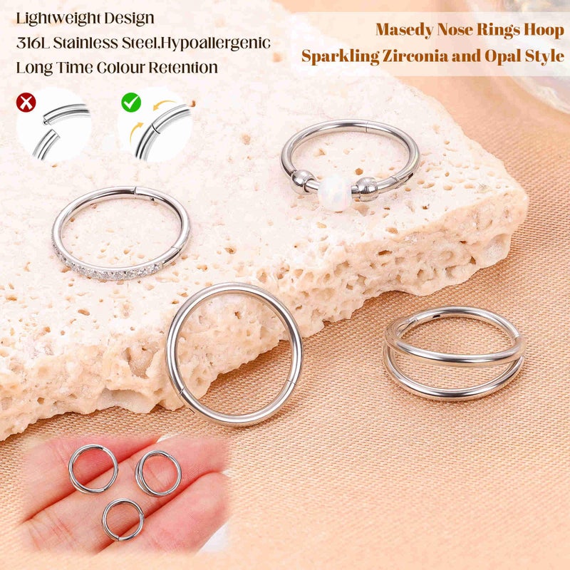 Masedy 4PCS 20G Surgical Steel Nose Ring Hoop for Women Men Hinged Double Nose Hoop CZ Opal Clicker Septum Nose Hoops Cartilage Conch Tragus Rook Ring Lip Daith Piercing Jewelry Silver 8MM - Image 5