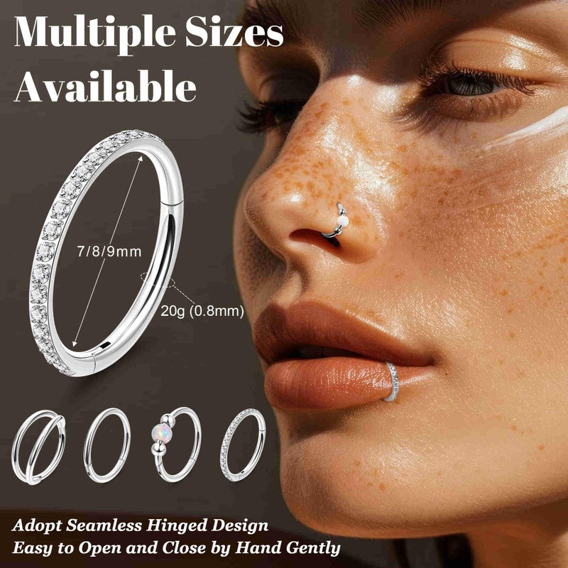Masedy 4PCS 20G Surgical Steel Nose Ring Hoop for Women Men Hinged Double Nose Hoop CZ Opal Clicker Septum Nose Hoops Cartilage Conch Tragus Rook Ring Lip Daith Piercing Jewelry Silver 8MM - Image 2