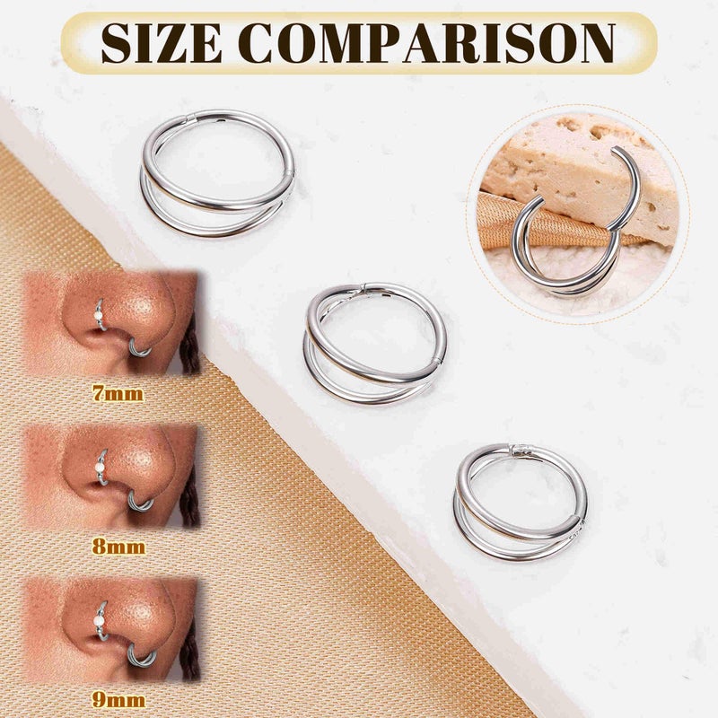 Masedy 4PCS 20G Surgical Steel Nose Ring Hoop for Women Men Hinged Double Nose Hoop CZ Opal Clicker Septum Nose Hoops Cartilage Conch Tragus Rook Ring Lip Daith Piercing Jewelry Silver 8MM - Image 4