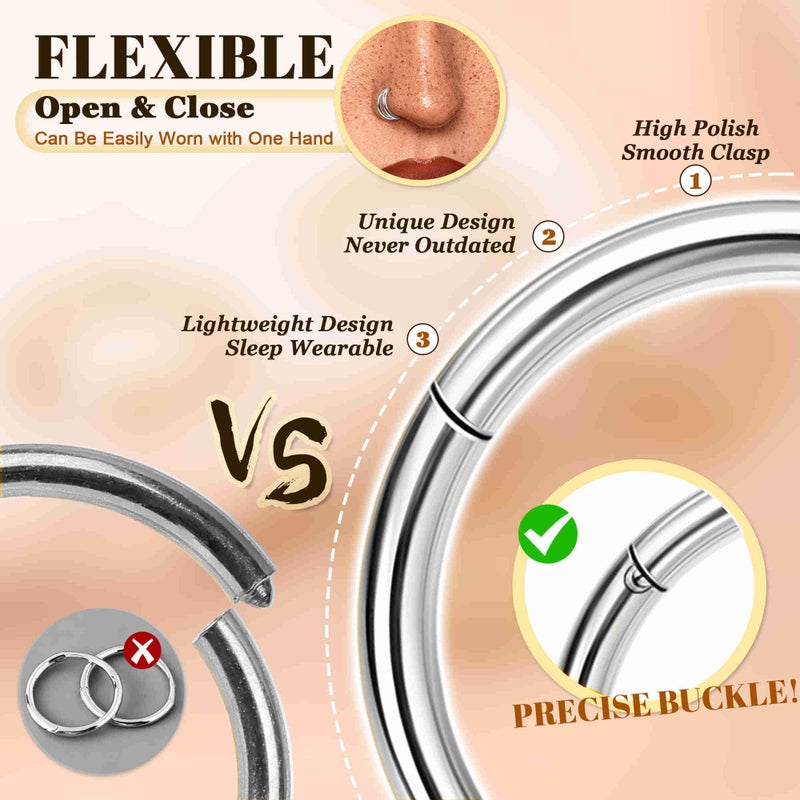 Masedy 4PCS 20G Surgical Steel Nose Ring Hoop for Women Men Hinged Double Nose Hoop CZ Opal Clicker Septum Nose Hoops Cartilage Conch Tragus Rook Ring Lip Daith Piercing Jewelry Silver 8MM - Image 3