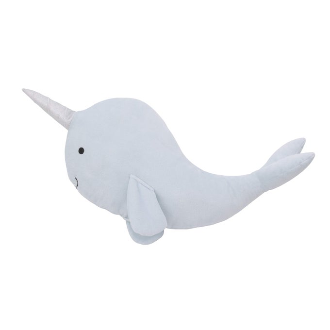 LITTLE LOVE BY LIGHT BLUE WHIMSICAL NARWHAL SHAPED DECORATIVE PILLOW WITH 3D SILVER METALLIC HORN