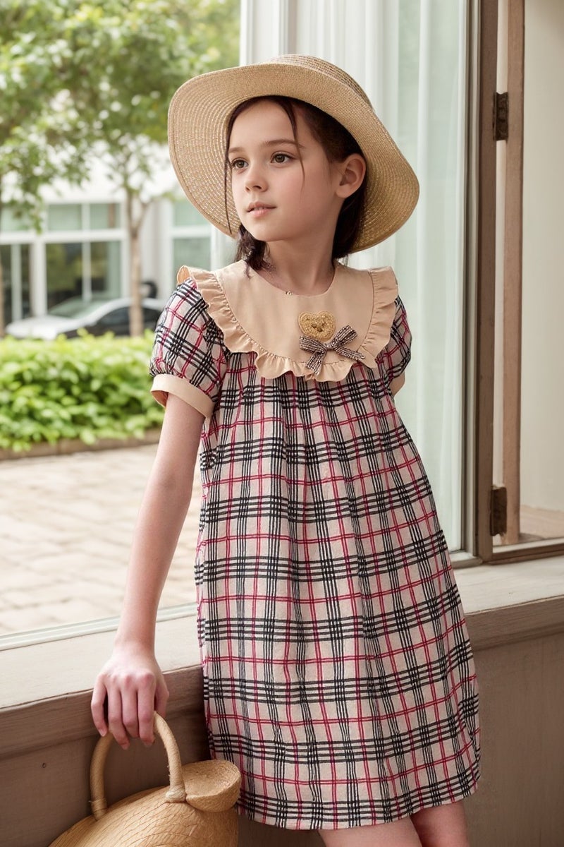 Insbobo Cute elegant plaid Printed  princess short sleeve Dress For Girls kids  3 4 5 6 7 age  - Image 1