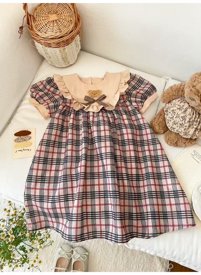 Insbobo Cute elegant plaid Printed  princess short sleeve Dress For Girls kids  3 4 5 6 7 age  - Image 5