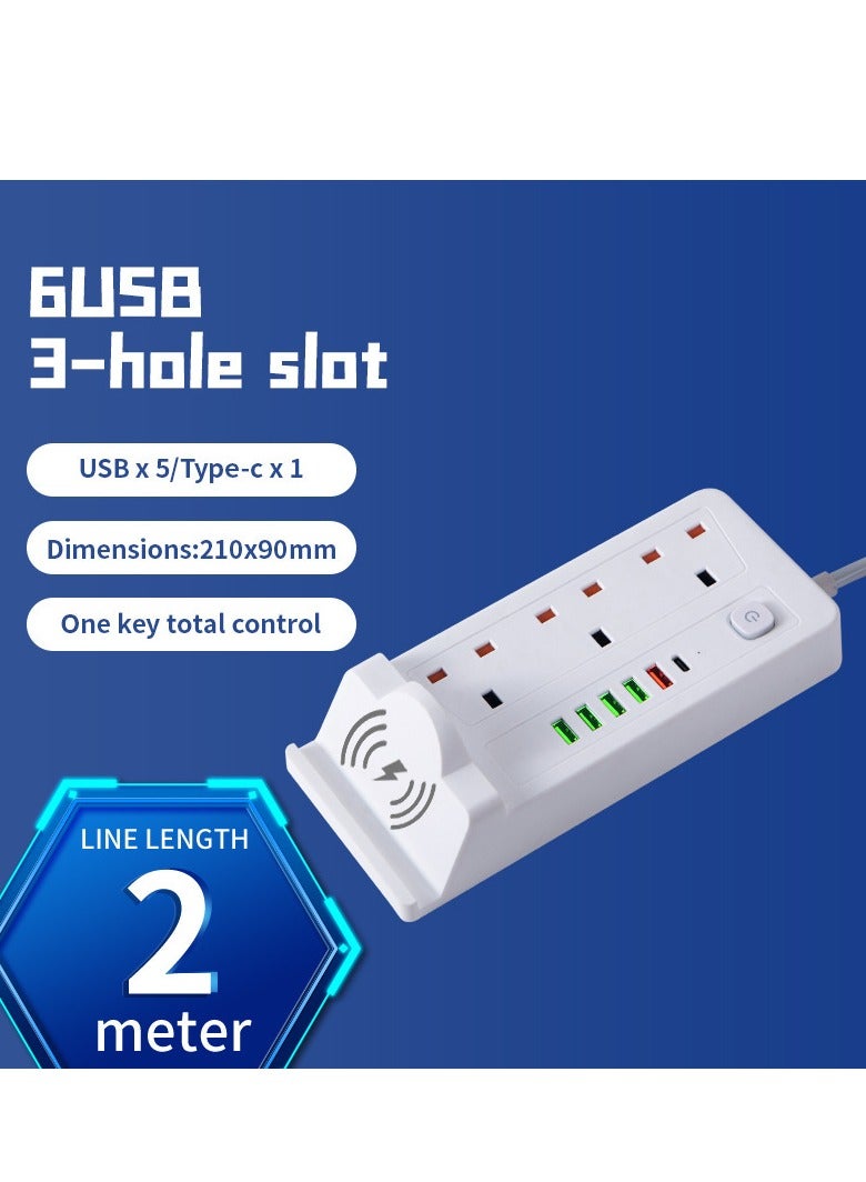 مقبس طاقة متعدد الوظائف 3 مقابس 3 مقابس 2500 واط مع محطة شحن سريع لاسلكي، USB، منفذ من النوع C. 2 متر، كابل تمديد 3 أمتار - Image 1