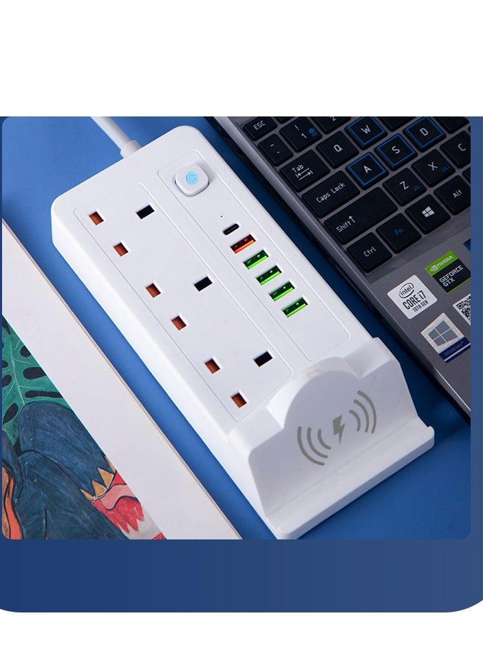 مقبس طاقة متعدد الوظائف 3 مقابس 3 مقابس 2500 واط مع محطة شحن سريع لاسلكي، USB، منفذ من النوع C. 2 متر، كابل تمديد 3 أمتار - Image 3