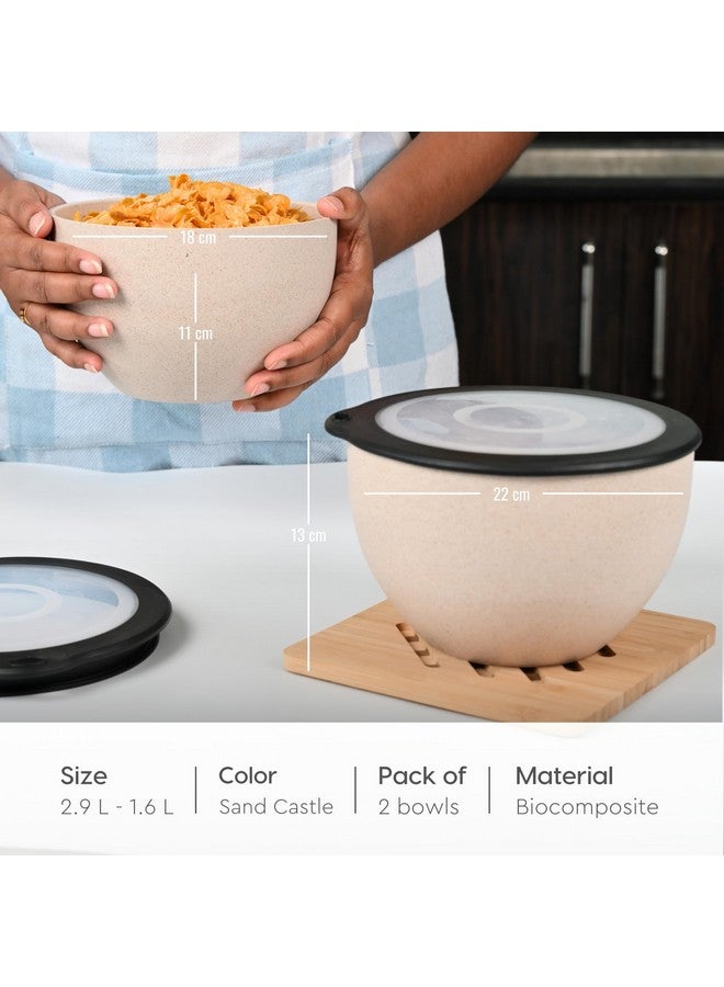 Eha Earth Friendly Mixing Bowls and Serving Bowls with Lid | Microwave Safe Bowl Set | Storage Bowls Made with Rice Husk and Bamboo Fibers | 2900ml +1600ml | Set of 2 | Sand Castle Beige - Image 2