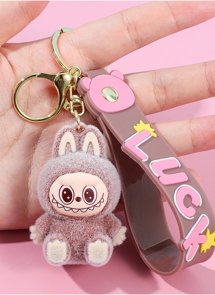LABUBU LABUBU Dress-Up Series Keychain – Cute Bucktooth Cartoon Pendant – Collectible Toy for Bag & Car Decoration（Flocked Sitting Pose – Ver. 1） 