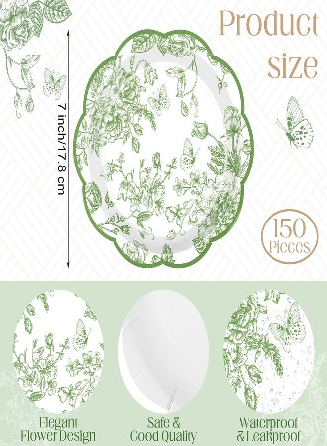 Kochorie 150 Pieces Sage Green Flower Paper Plates 7 Inches Disposable Floral Paper Plates Scalloped Sage Green Chinoiserie Vintage Flower Dessert Plate for Wedding Birthday Holiday Party Supplies - Image 2