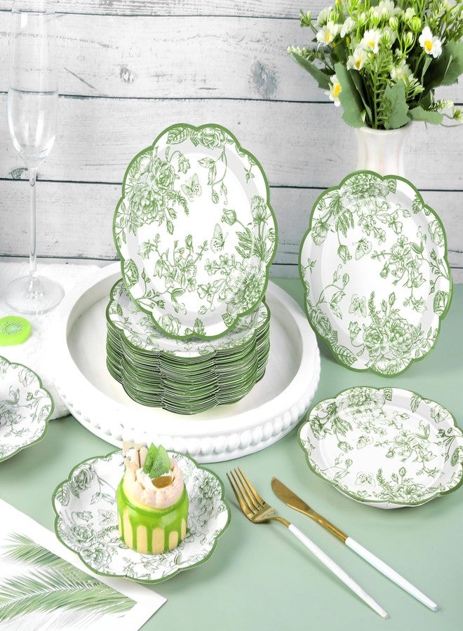 Kochorie 150 Pieces Sage Green Flower Paper Plates 7 Inches Disposable Floral Paper Plates Scalloped Sage Green Chinoiserie Vintage Flower Dessert Plate for Wedding Birthday Holiday Party Supplies - Image 5