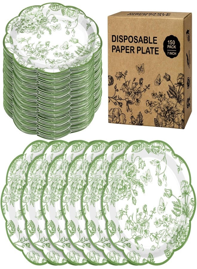 Kochorie 150 Pieces Sage Green Flower Paper Plates 7 Inches Disposable Floral Paper Plates Scalloped Sage Green Chinoiserie Vintage Flower Dessert Plate for Wedding Birthday Holiday Party Supplies - Image 1