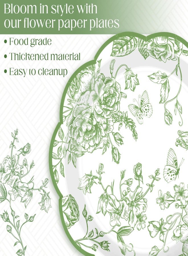 Kochorie 150 Pieces Sage Green Flower Paper Plates 7 Inches Disposable Floral Paper Plates Scalloped Sage Green Chinoiserie Vintage Flower Dessert Plate for Wedding Birthday Holiday Party Supplies - Image 3
