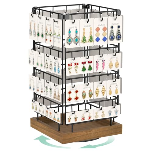 EsLukerly Rotating Earring Display Holder Stand for Vendors Events Selling Large Capacity 64 Hooks Jewelry Rack with Wooden Base for Earring Card Sales Enhances Retail Display Visibility