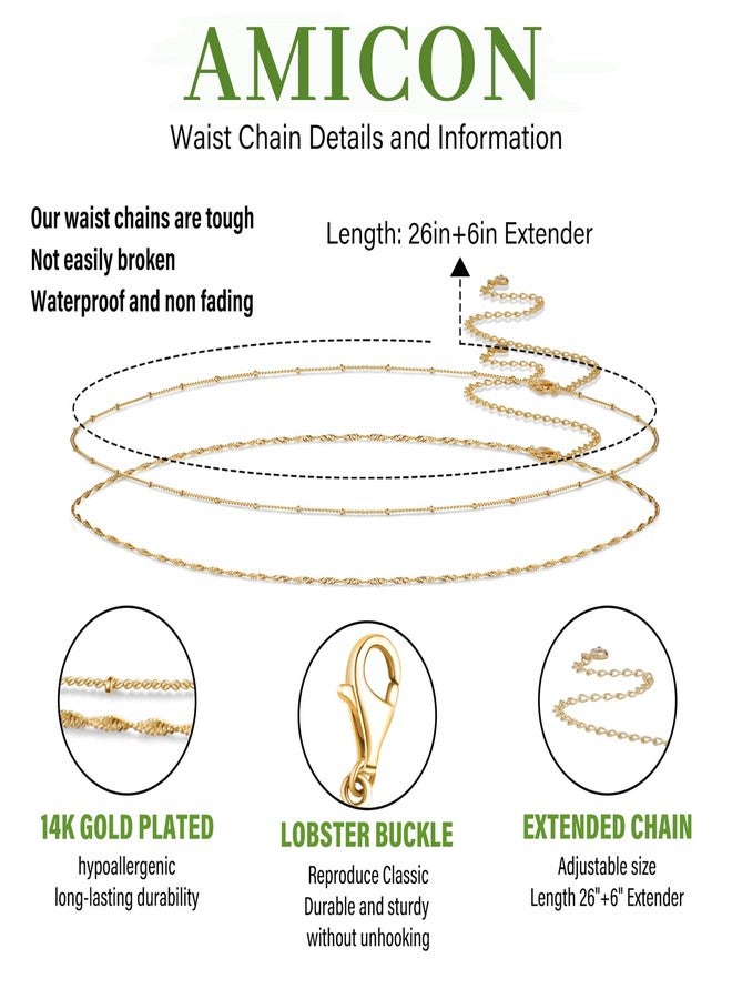 Amicon 2PCS 18K Gold Plated Waist Chains for Women Layered Belly Chain for The Waist Adjustable Multilayer Sexy Bikini Waist Chain for Women, 26 inches, Non-Precious Metal, no gemstone - Image 4