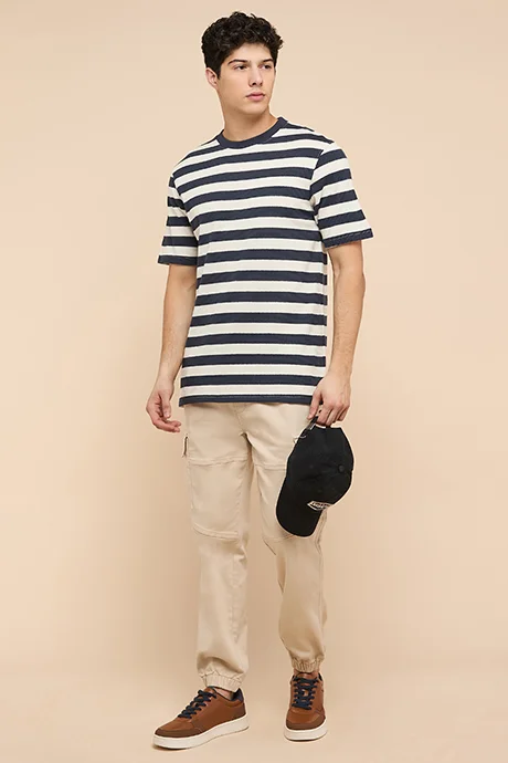 أر أند بي Striped T-Shirt with Crew Neck and Short Sleeves