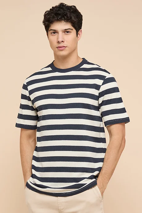 أر أند بي Striped T-Shirt with Crew Neck and Short Sleeves