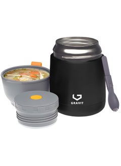 Gravit Insulated Food Jar Lunch Box 450ml - Stainless Steel Thermos with Folding Spoon, Keeps Food Hot/Cold, Leak-Proof, Ideal for Baby Food, School Lunches, Office Meals (Black)  - Image 1