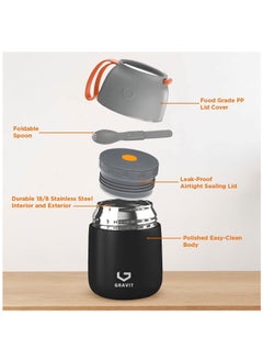 Gravit Insulated Food Jar Lunch Box 450ml - Stainless Steel Thermos with Folding Spoon, Keeps Food Hot/Cold, Leak-Proof, Ideal for Baby Food, School Lunches, Office Meals (Black)  - Image 2