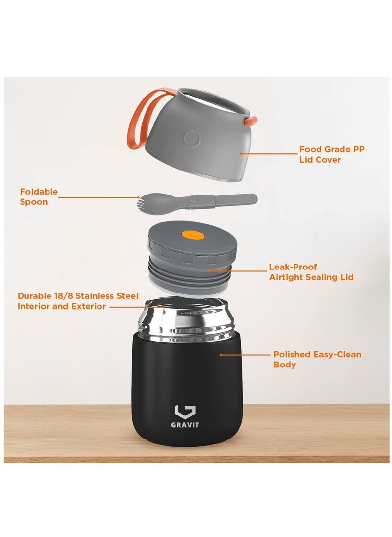 Gravit - Insulated Food Jar Lunch Box 450ml - Stainless Steel Thermos with Folding Spoon, Keeps Food Hot/Cold, Leak-Proof, Ideal for Baby Food, School Lunches, Office Meals (Black) - Image 1