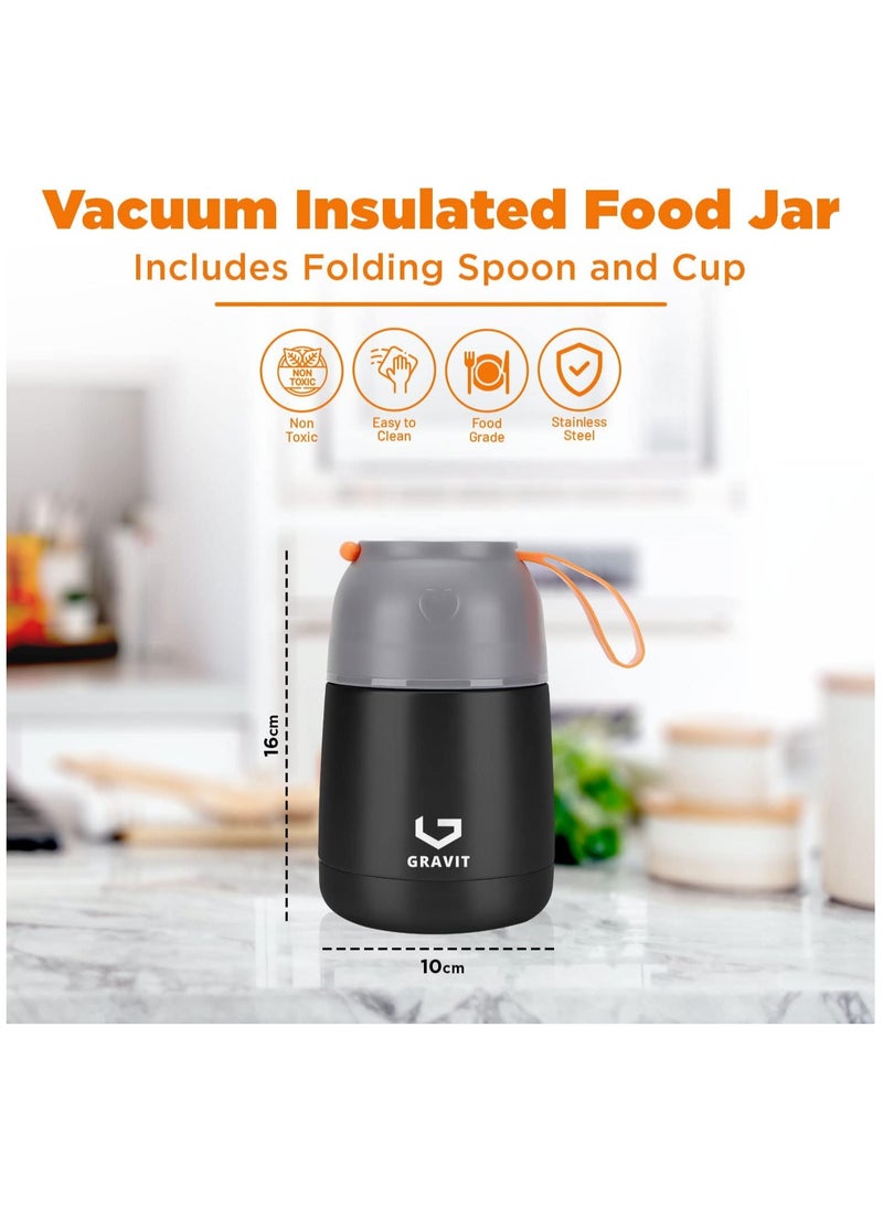 Gravit - Insulated Food Jar Lunch Box 450ml - Stainless Steel Thermos with Folding Spoon, Keeps Food Hot/Cold, Leak-Proof, Ideal for Baby Food, School Lunches, Office Meals (Black) - Image 1