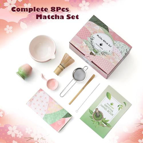 Ochcahser Matcha Tea Set, 8 Pcs Japanese Matcha Kit with Cherry Blossom and Wave Design Ceramic Bowl, Bamboo Whisk, Whisk Holder, Scoop, Sifter, Brush, Matcha Kit Set for Matcha Lovers (Pink-Green) - Image 2