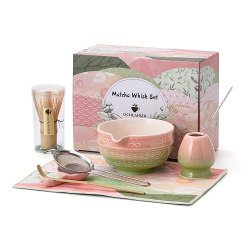 Ochcahser Matcha Tea Set, 8 Pcs Japanese Matcha Kit with Cherry Blossom and Wave Design Ceramic Bowl, Bamboo Whisk, Whisk Holder, Scoop, Sifter, Brush, Matcha Kit Set for Matcha Lovers (Pink-Green) - Image 1