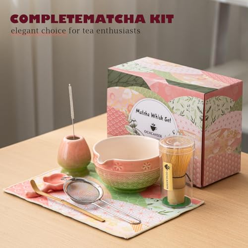 Ochcahser Matcha Tea Set, 8 Pcs Japanese Matcha Kit with Cherry Blossom and Wave Design Ceramic Bowl, Bamboo Whisk, Whisk Holder, Scoop, Sifter, Brush, Matcha Kit Set for Matcha Lovers (Pink-Green) - Image 4