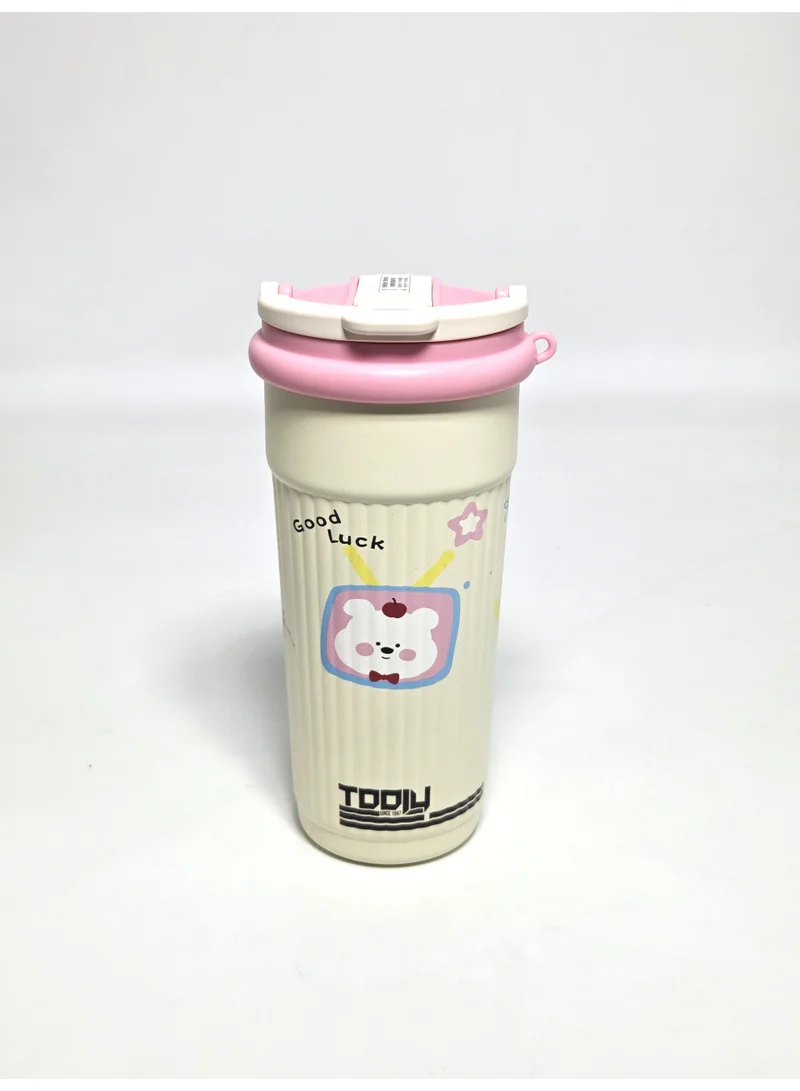 Tooly 600ml Stainless Steel Vacuum Insulated Travel Coffee Tumbler Flask with Handle, Straw & Flip Lid – Cute Bear Print, 304 Food-Grade Double Wall Hot (12h) & Cold (24h) Water Bottle, BPA Free (Cream & Pink)