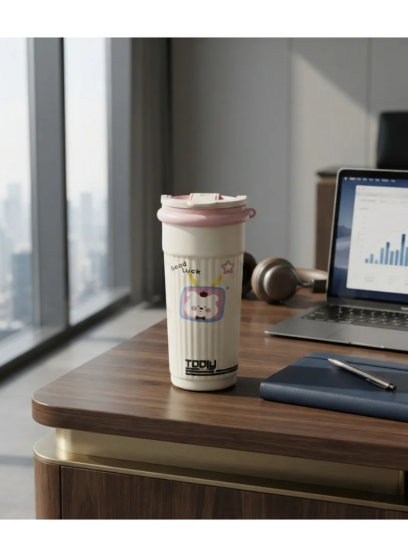 Tooly 600ml Stainless Steel Vacuum Insulated Travel Coffee Tumbler Flask with Handle, Straw & Flip Lid – Cute Bear Print, 304 Food-Grade Double Wall Hot (12h) & Cold (24h) Water Bottle, BPA Free (Cream & Pink)